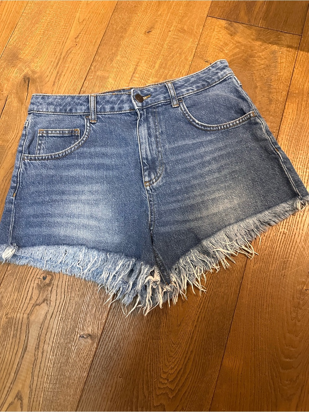 Sisley Frayed Hem High-Rise Denim Shorts in Faded Blue